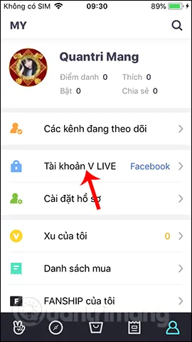 Giao diện MY Account (Trang của tôi) sau khi đăng nhập, nơi người dùng quản lý thông tin trước khi thực hiện cách tải video V LIVE