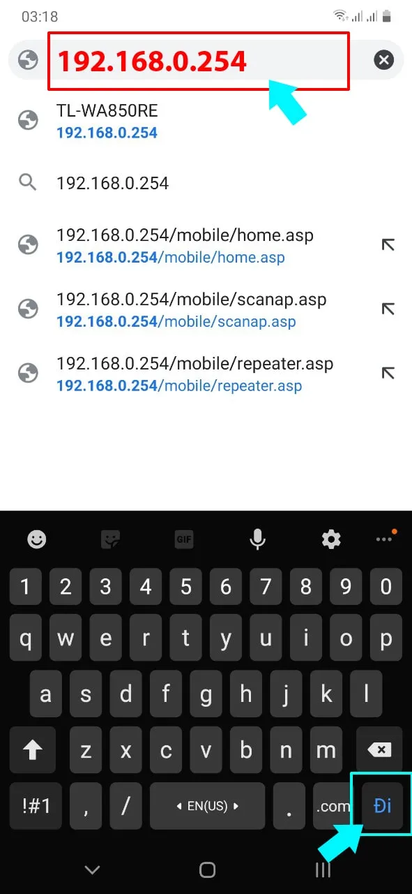 Giao diện nhập địa chỉ IP 192.168.0.254 để cấu hình WA850RE