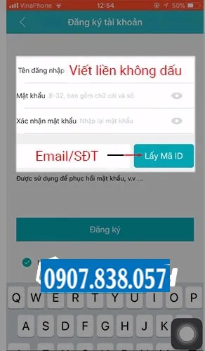Giao diện nhập Email hoặc Số điện thoại để nhận Mã ID xác nhận tài khoản camera