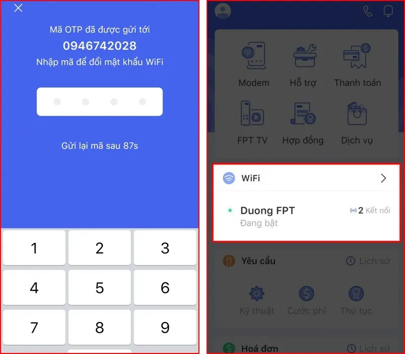 Giao diện nhập mã OTP để xác thực quyền truy cập và quản lý modem WiFi FPT