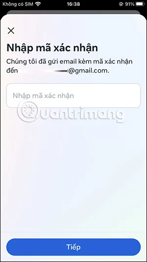 Giao diện nhập mã xác minh được gửi đến email mới để hoàn tất