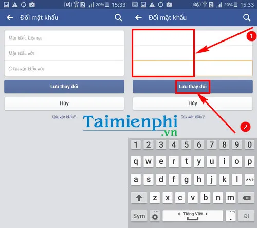 Giao diện nhập mật khẩu hiện tại và mật khẩu mới để hoàn tất cách đổi mật khẩu facebook trên điện thoại samsung