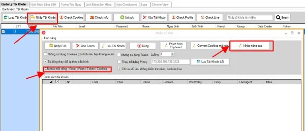 Giao diện nhập tài khoản số lượng lớn vào hệ thống Ninja Care