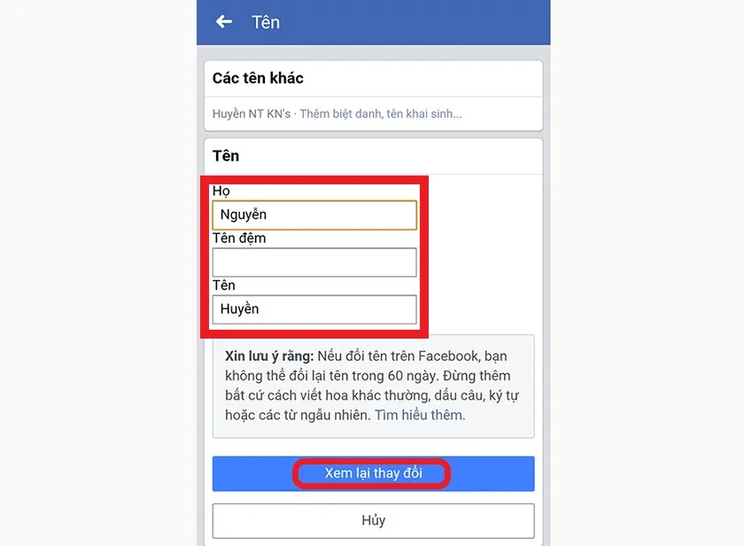 Giao diện nhập Tên mới và Tên đệm khi thực hiện đổi tên Facebook