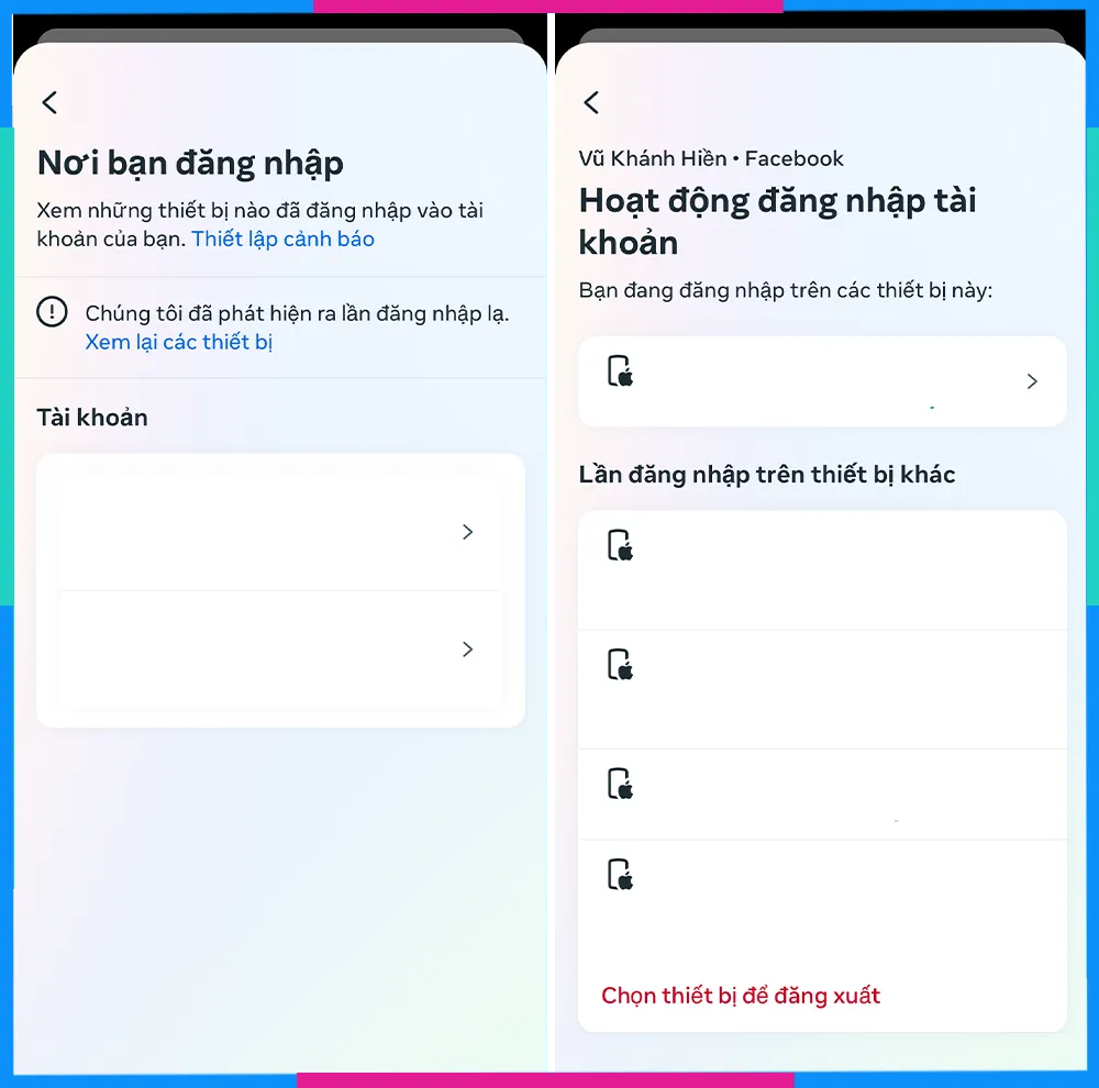 Giao diện Nơi bạn đã đăng nhập hiển thị các thiết bị di động
