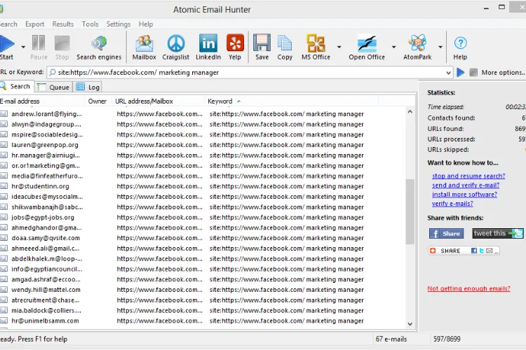 Giao diện phần mềm Atomic Email Hunter - một công cụ xem email Facebook trước đây