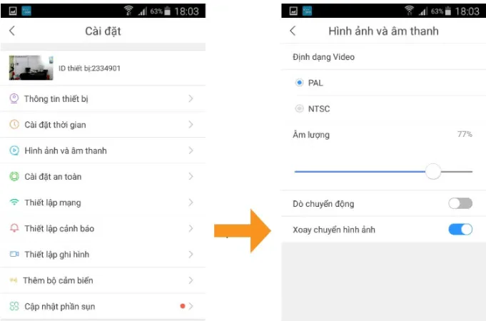 Giao diện phần mềm Hik-connect cho phép xoay hình ảnh camera bị ngược