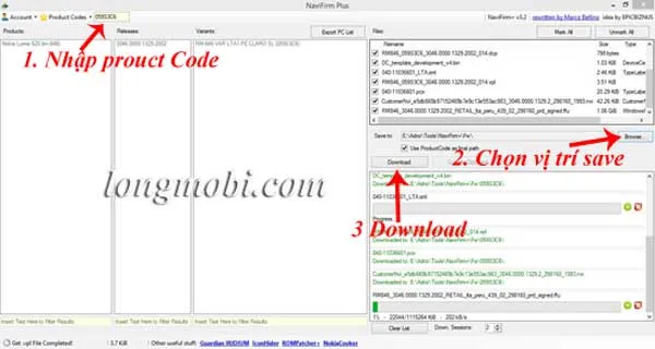Giao diện phần mềm NaviFirm+ để tải firmware, minh họa công cụ quản lý hệ thống cho điện thoại Nokia Lumia 520