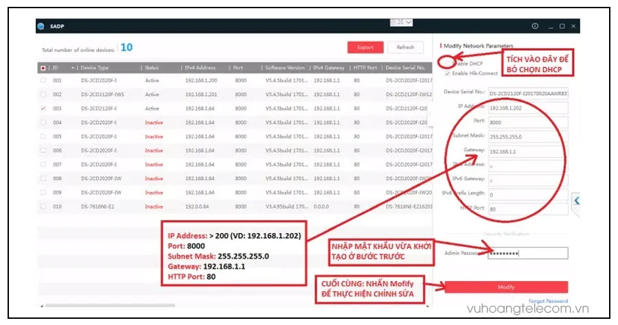 Giao diện phần mềm SADP Tool hiển thị danh sách thiết bị.