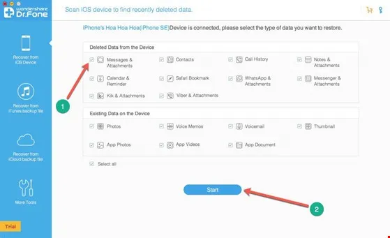 Giao diện phần mềm Wondershare Dr.Fone for iOS, một công cụ khôi phục dữ liệu di động