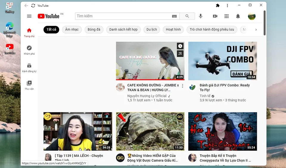Giao diện phiên bản ứng dụng web tiến bộ (PWA) của YouTube trên hệ điều hành Windows 10