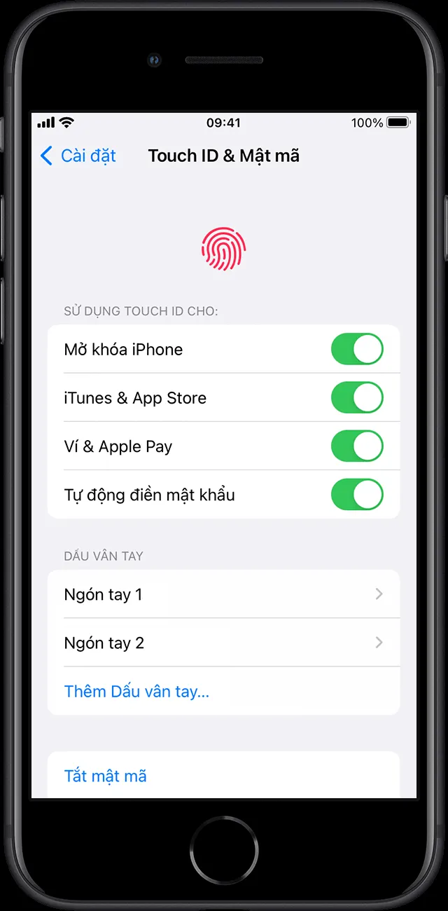 Giao diện quản lý cài đặt Touch ID và mật mã