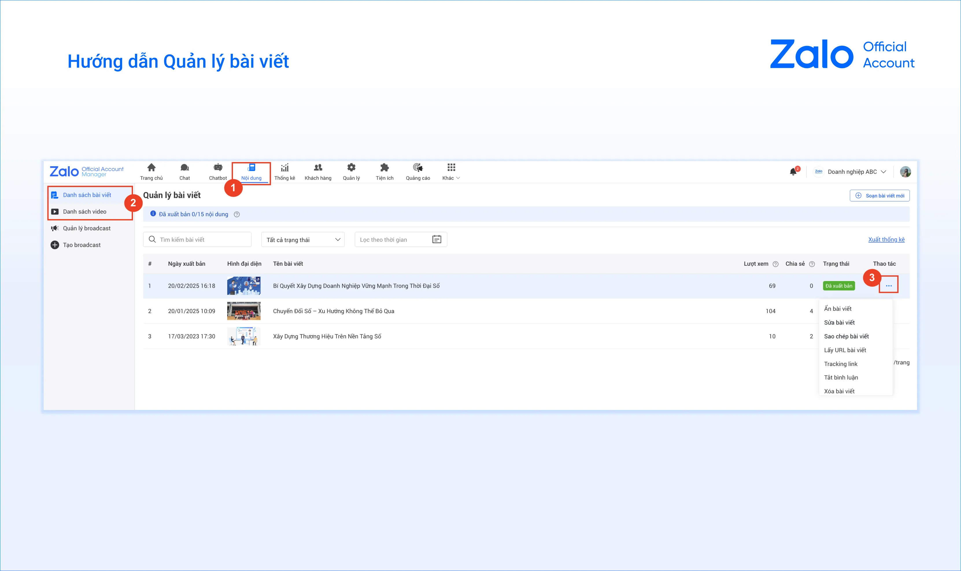 Giao diện quản lý danh sách bài viết và video, cùng các tùy chọn thao tác trên Zalo OA.