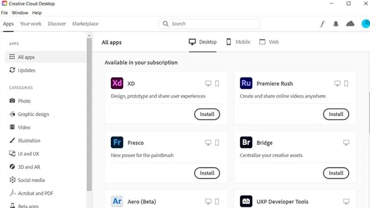 Giao diện quản lý và chia sẻ ứng dụng/dịch vụ trên Adobe Creative Cloud