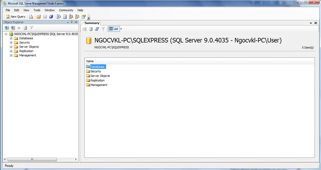 Giao diện quản trị chính của SQL Server Management Studio Express sau khi cài đặt