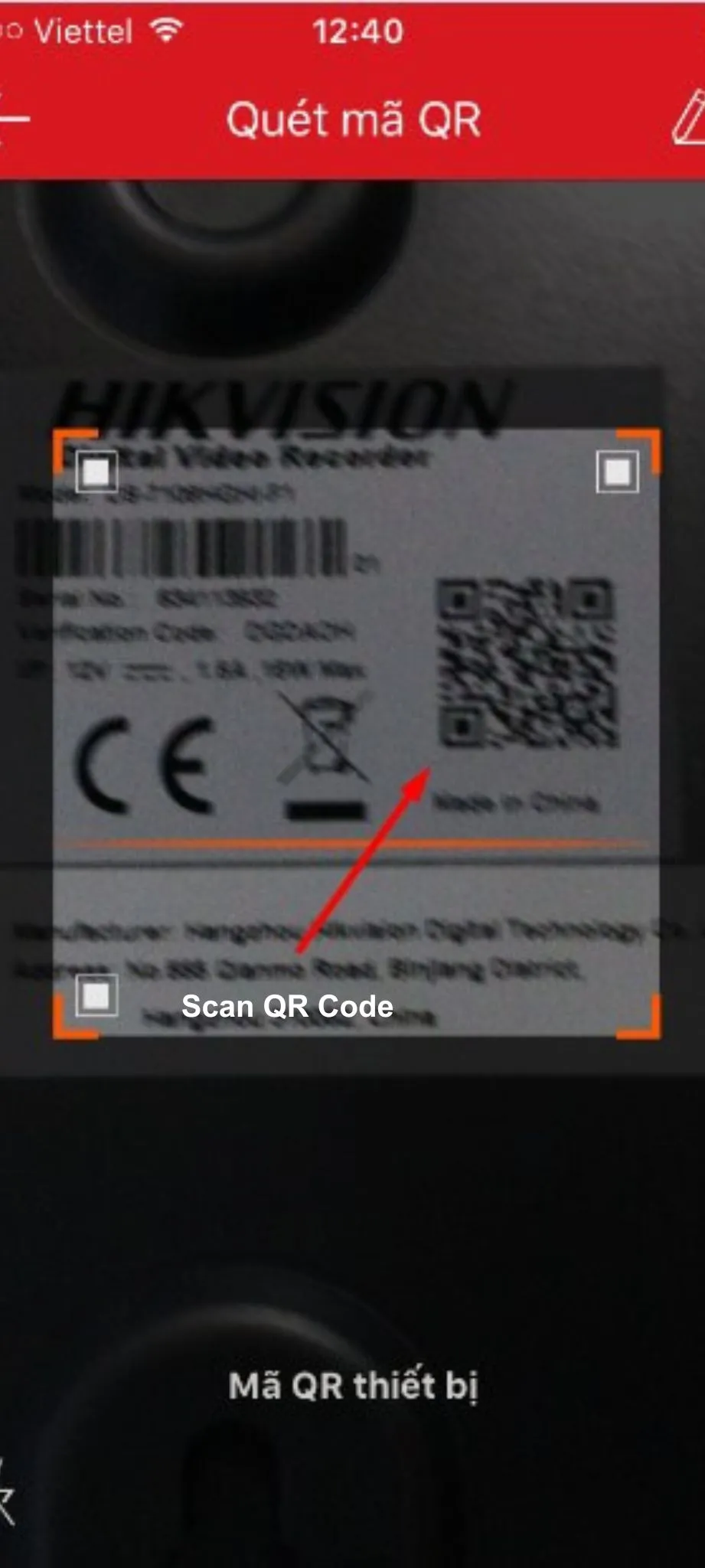 Giao diện quét mã QR để thêm thiết bị camera Hikvision vào ứng dụng Hik-Connect