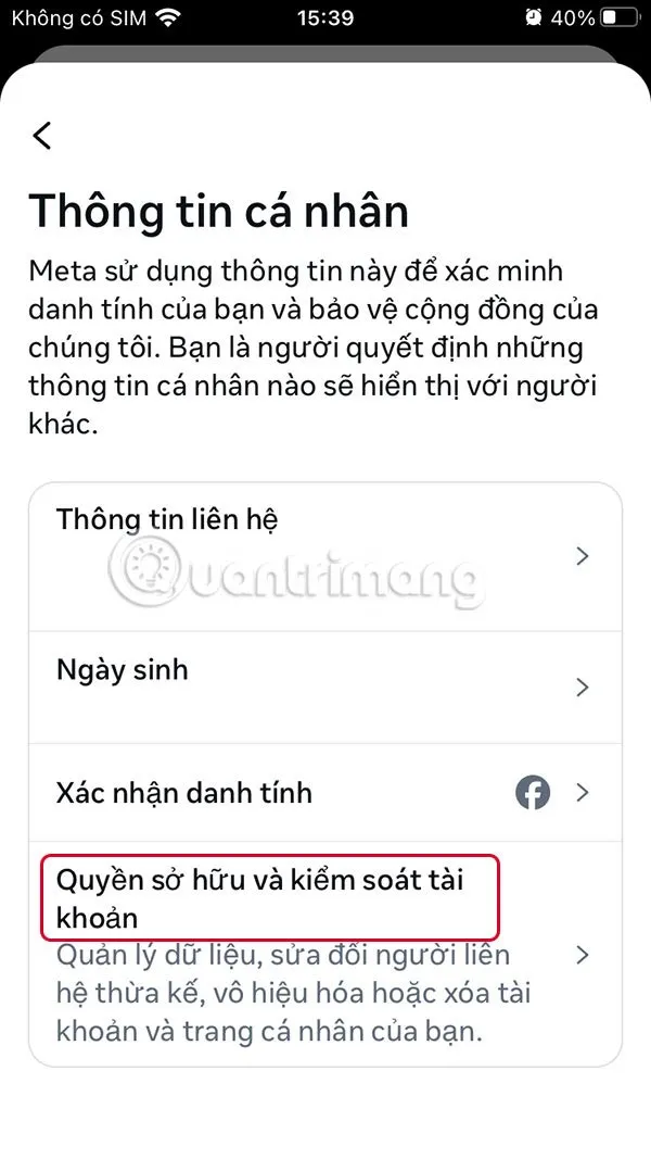 Giao diện Quyền sở hữu và kiểm soát tài khoản Facebook