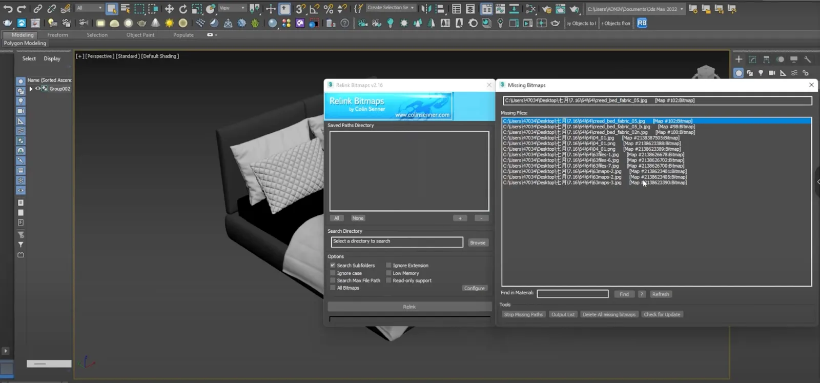 Giao diện Relink Bitmaps hiển thị danh sách Missing Files bị thiếu trong mô hình