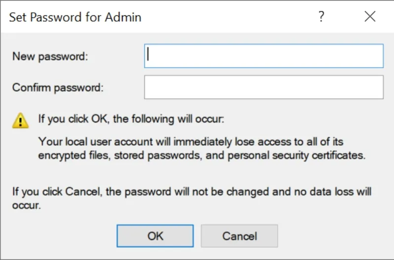 Giao diện Reset Password của Netplwiz