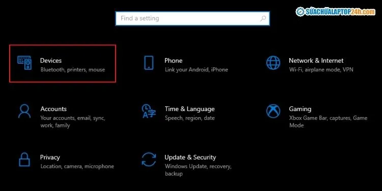 Giao diện Settings, chọn Device để bắt đầu cài máy in trên laptop Win 10