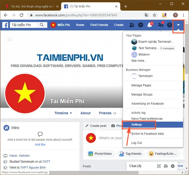 Giao diện Settings Facebook phiên bản cũ để đổi ngôn ngữ