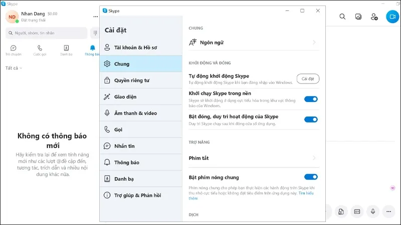 Giao diện Skype trên máy tính được chuyển sang tiếng Việt