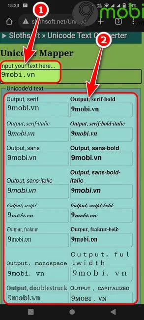 Giao diện Slothsoft với ô nhập liệu và các kiểu phông chữ đầu ra