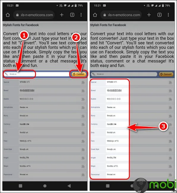 Giao diện Stylish Font với kết quả chuyển đổi văn bản và nút sao chép