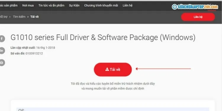 Giao diện tải driver máy in từ trang web nhà sản xuất Canon