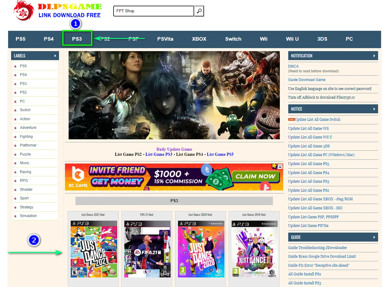 Giao diện tải game từ nguồn hợp pháp (ví dụ) để có file PKG cần thiết cho RPCS3