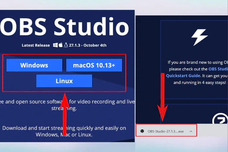 Giao diện tải về và lựa chọn hệ điều hành để cài đặt phần mềm OBS Studio