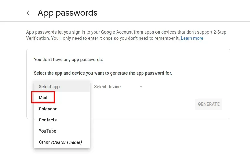 Giao diện tạo Mật khẩu ứng dụng trong tài khoản Google, chọn ứng dụng là "Thư" và thiết bị để tạo mã truy cập đặc biệt