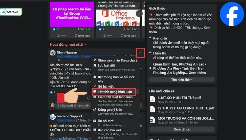 Giao diện tắt tính năng bình luận trên bài viết nhóm bằng máy tính
