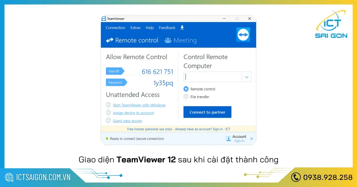 Giao diện TeamViewer 12 sau khi hoàn tất cài đặt hiển thị ID và Password của máy tính
