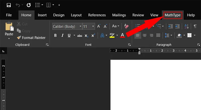 Giao diện thanh menu MathType đã tích hợp thành công trên Word
