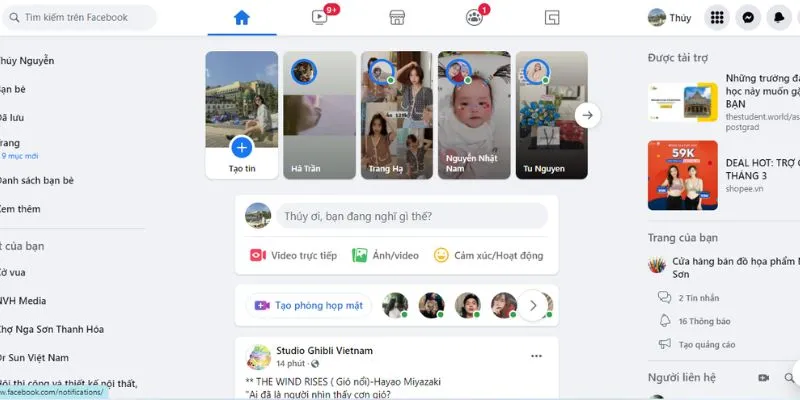 Giao diện thao tác trên trang chủ