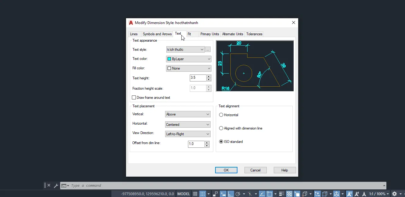 Giao diện thẻ Text để tùy chỉnh kiểu chữ, màu sắc và vị trí hiển thị giá trị kích thước