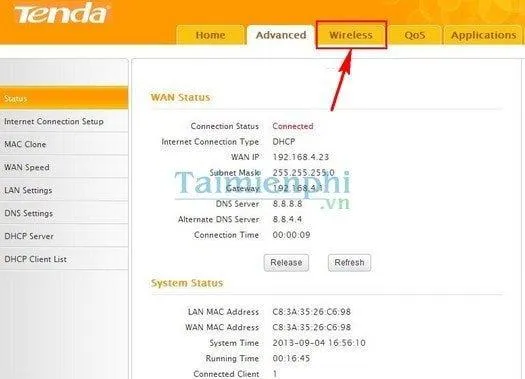 Giao diện thẻ Wireless trong quá trình cài đặt wifi tenda w311r
