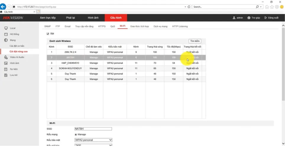 Giao diện thiết lập kết nối wifi camera ip hikvision qua trình duyệt web