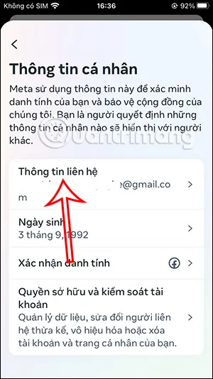 Giao diện Thông tin liên hệ để xem địa chỉ email hiện tại