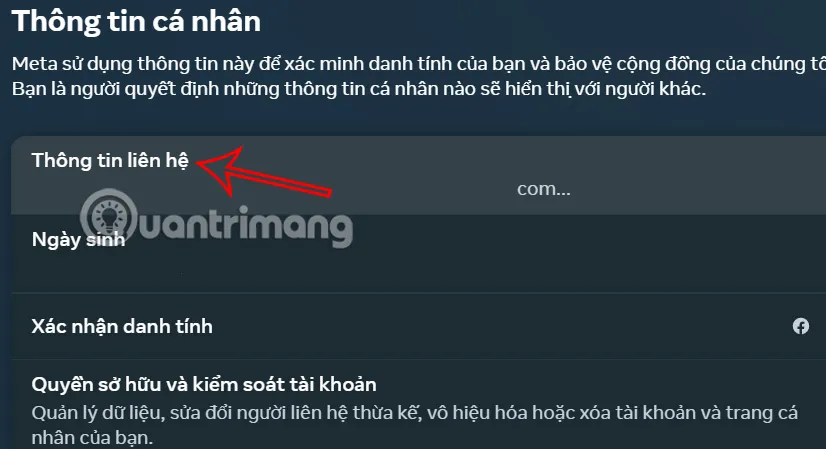 Giao diện Thông tin liên hệ trên máy tính để thêm email