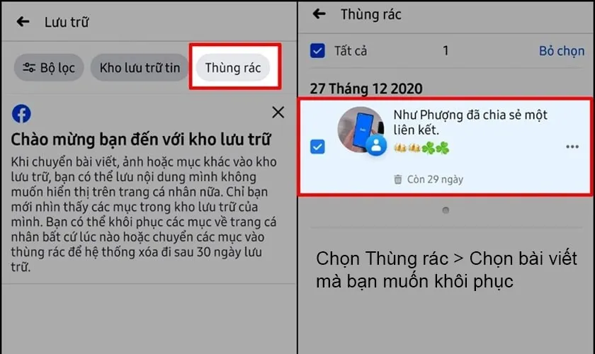 Giao diện Thùng rác hiển thị các video livestream còn thời gian khôi phục