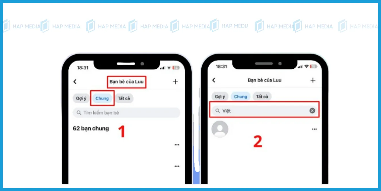 Giao diện tìm kiếm bạn chung trên ứng dụng Facebook di động
