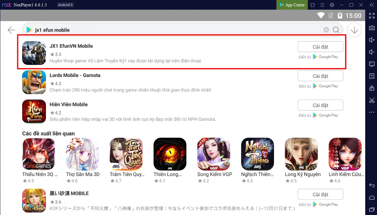 Giao diện tìm kiếm và cài đặt game từ Google Play Store trên NoxPlayer