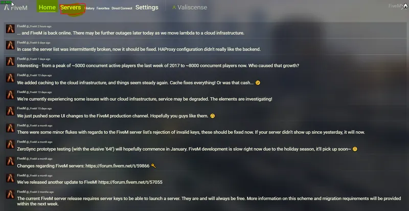 Giao diện tìm kiếm và chọn Server trong ứng dụng FiveM