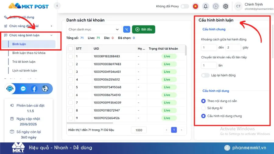 Giao diện tính năng của MKT Post