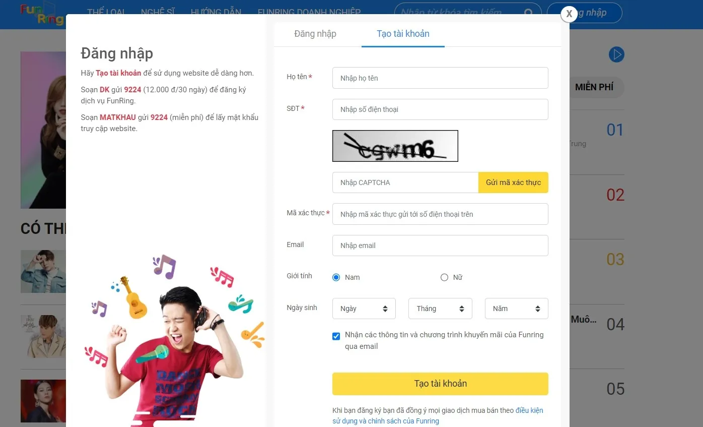 Giao diện trang chủ FunRing của MobiFone hướng dẫn cách cài nhạc chờ theo ý muốn