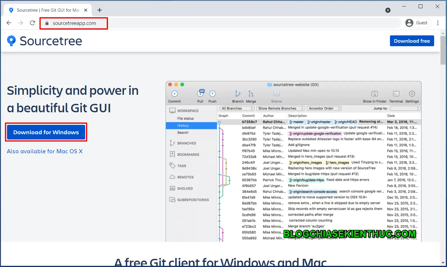 Giao diện trang chủ SourceTree hiển thị các hệ điều hành được hỗ trợ