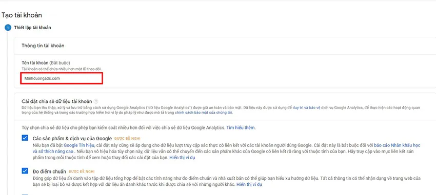 Giao diện trang đăng ký và tạo tài khoản Google Analytics mới