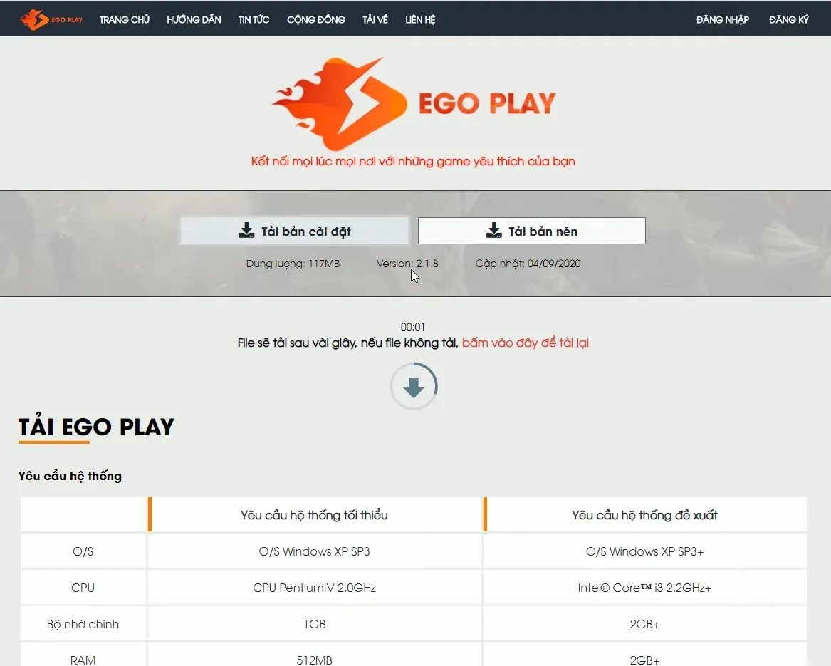 Giao diện trang tải phần mềm EGO Play dùng để chơi Đế Chế online.